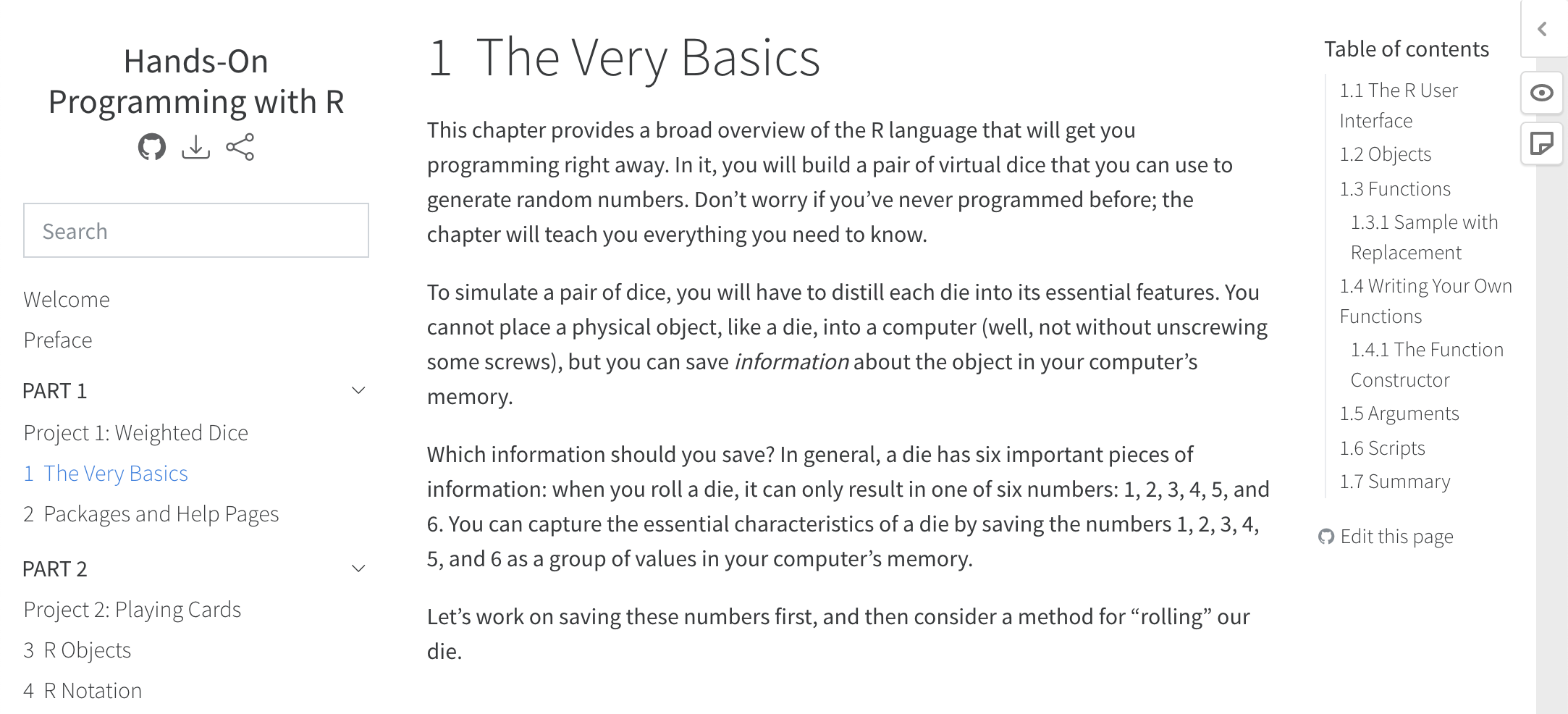 A screen shot of a Quarto page rendered with the options indicated in the immediately preceding yaml. There are icons for accessing the page's Github repo, downloading the page as a PDF, and sharing the page on social media in the top section of the sidebar. Immediately below this in the sidebar is a search bar. There are icons for the Hypothesis collaborative annotation software in the upper right hand corner of the page. There is an 'Edit this Page' link underneath the page table of contents on the right; there is a Github icon to the left of the word 'Edit.'