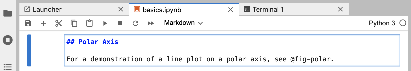 A Markdown cell with the title Polar Axis as a second level header and text that reads 'For a demonstration of a line plot on a polar axis, see @fig-polar.'