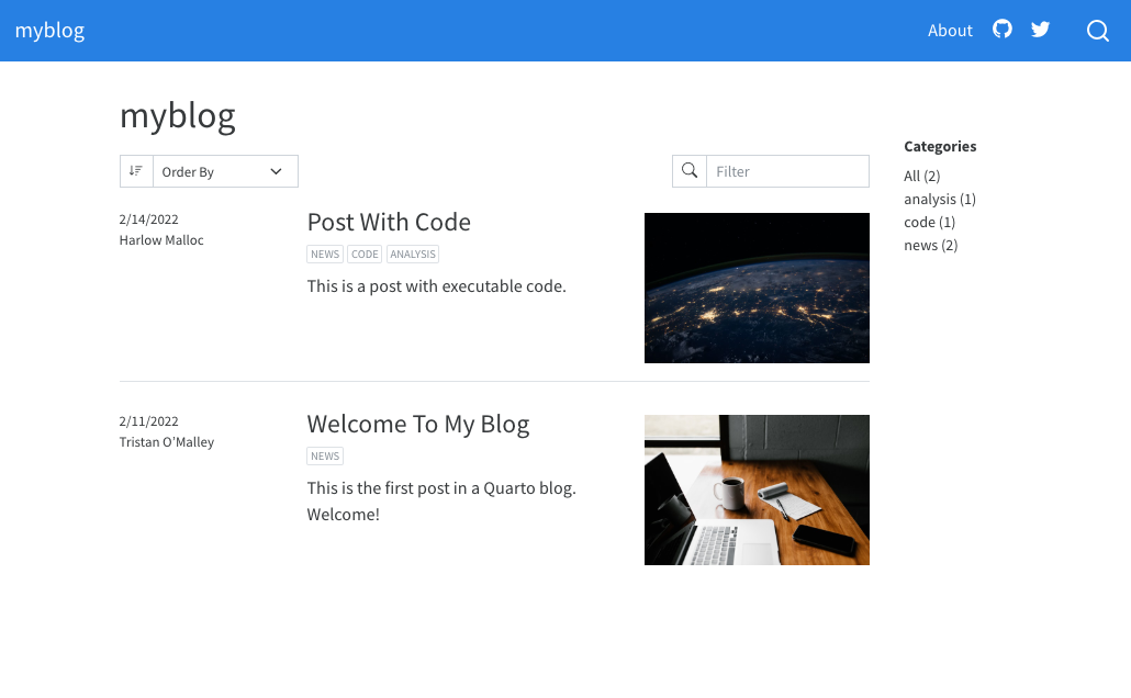 Screenshot of a blog page. There is a navigation bar at the top with the blog title ('myblog') on the left, and on the right: 'About', a GitHub icon, a Twitter icon, and a Search icon. The body has two posts listed with titles, tags, description and preview ordered by date. On the right of the body are categories with counts of posts next to them.