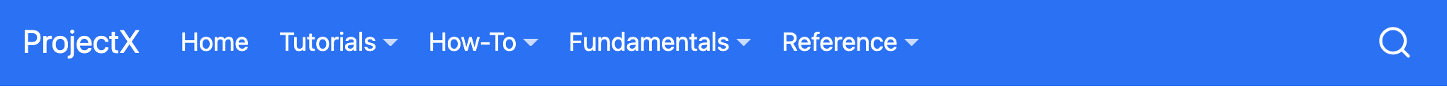 A navigation bar titled 'ProjectX' on the left. To the right of the title are the menu items 'Home', 'Tutorials', 'How-To', 'Fundamentals', and 'Reference'. 'Home' is in a lighter color than the other menu options. The other menu options have a triangle pointing down next to each one, indicating the existence of a drop-down menu. There is a search bar on the far right side of the navigation bar.