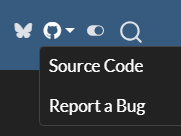 The right section of a Quarto navbar containing a Bluesky and Github logo. The Github logo is selected and a menu is underneath it with two items: 'Source Code' and 'Report a Bug'